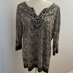Charter Club Petite Brown and White Tunic with Beaded V Neck size PXL